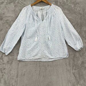 Joie Linen Blend Blue White Floral Embroidered Boho Peasant Top Tassel